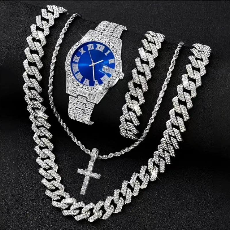 Icebox Jewelry Watches - 3/4 ชิ้น ชุดเครื่องประดับนาฬิกาข้อมือผู้ชายสไตล์ฮิปฮอปประดับเพชรหรูหรา นาฬิกาควอตซ์ สายแบบ Cuban