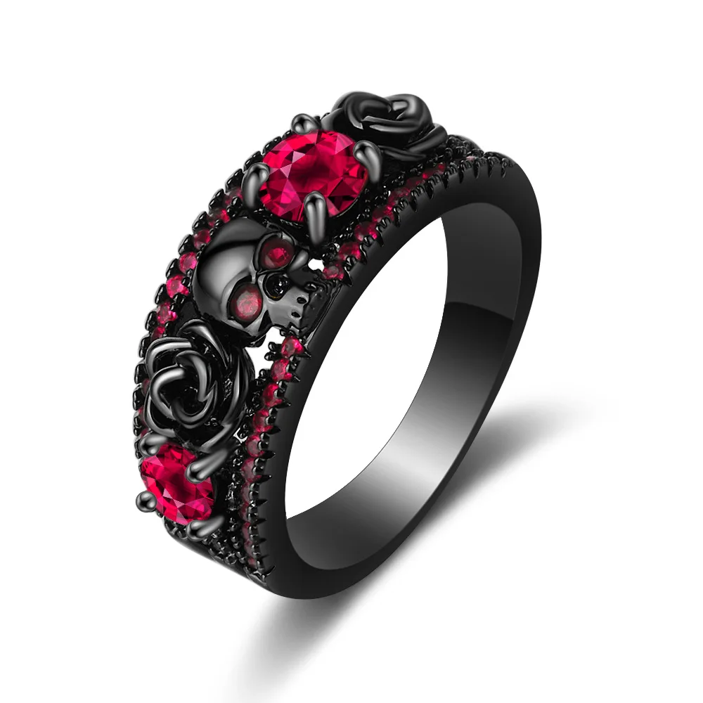 Gothic Skull Ring - ปืนชุบดอกไม้หัวกะโหลกพังก์ย้อนยุคสีดําฝังด้วยแหวนเพทายสีแดง, น้ําเงิน, เขียว