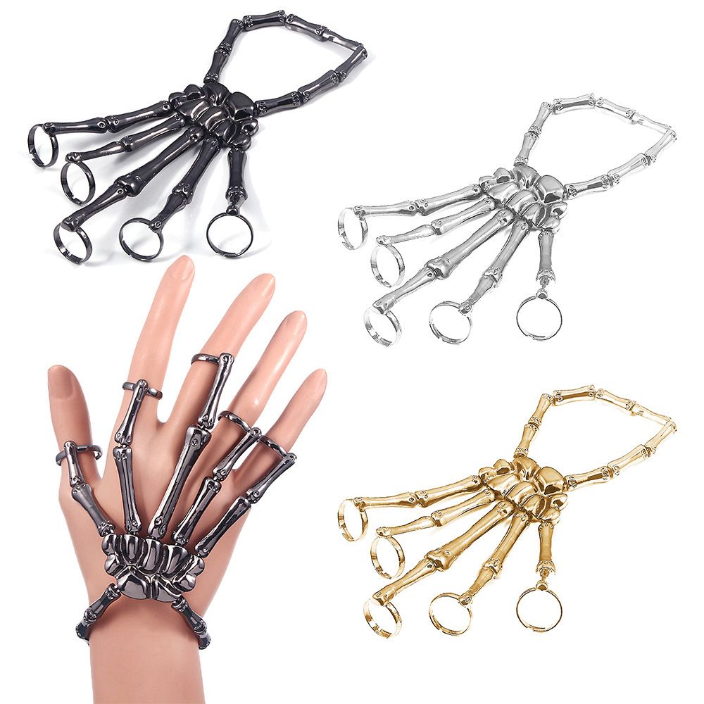 Gothic Skull Ring - กำไลข้อมือโลหะสไตล์พังก์โกธิคปรับขนาดได้สำหรับงานปาร์ตี้ ฮาโลวีน ลายหัวกะโหลกและมือพร้อมแหวน