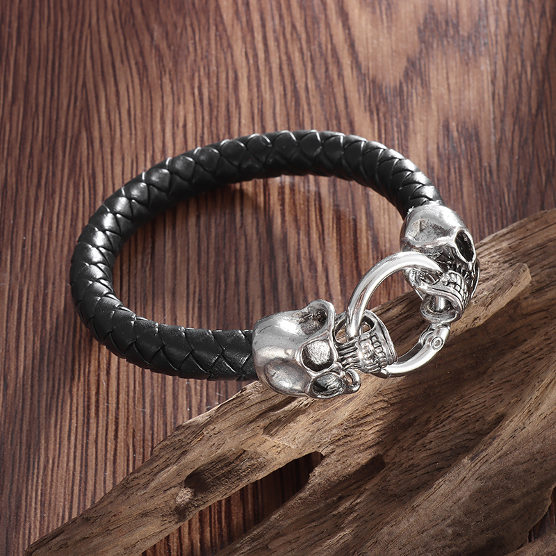 Gothic Skull Ring - สร้อยข้อมือหนังถักหัวกะโหลกคู่สไตล์โกธิคสีดำพร้อมแหวนตะขอเกี่ยวเครื่องประดับแนวพังก์ร็อคสำหรับผู้ชาย