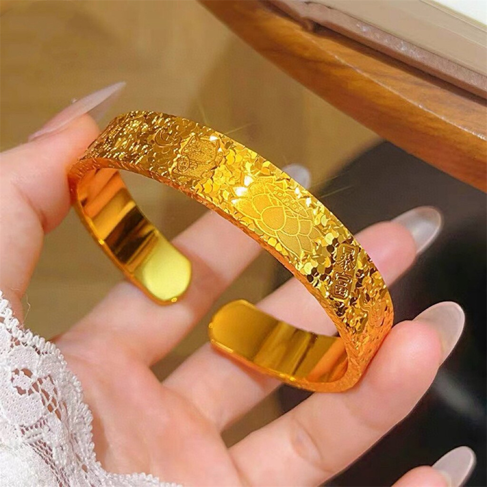 Cuff Bangle Bracelet - กำไลข้อมือสแตนเลสชุบทอง 14K ลายดอกบัวน้ำแข็ง สไตล์พังก์ สำหรับผู้หญิง แฟชั่นทันสมัย