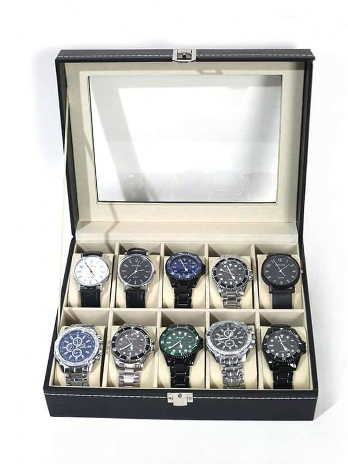 Jewelry Box With Watches - กล่องใส่นาฬิกาหนังพร้อมกุญแจล็อค, กล่องโชว์นาฬิกาความจุขนาดใหญ่, กล่องเก็บเครื่องประดับระดับไฮเอนด์สำหรับผู้ชายและผู้หญิง, สำหรับโต๊ะเครื่องแป้งในบ้าน