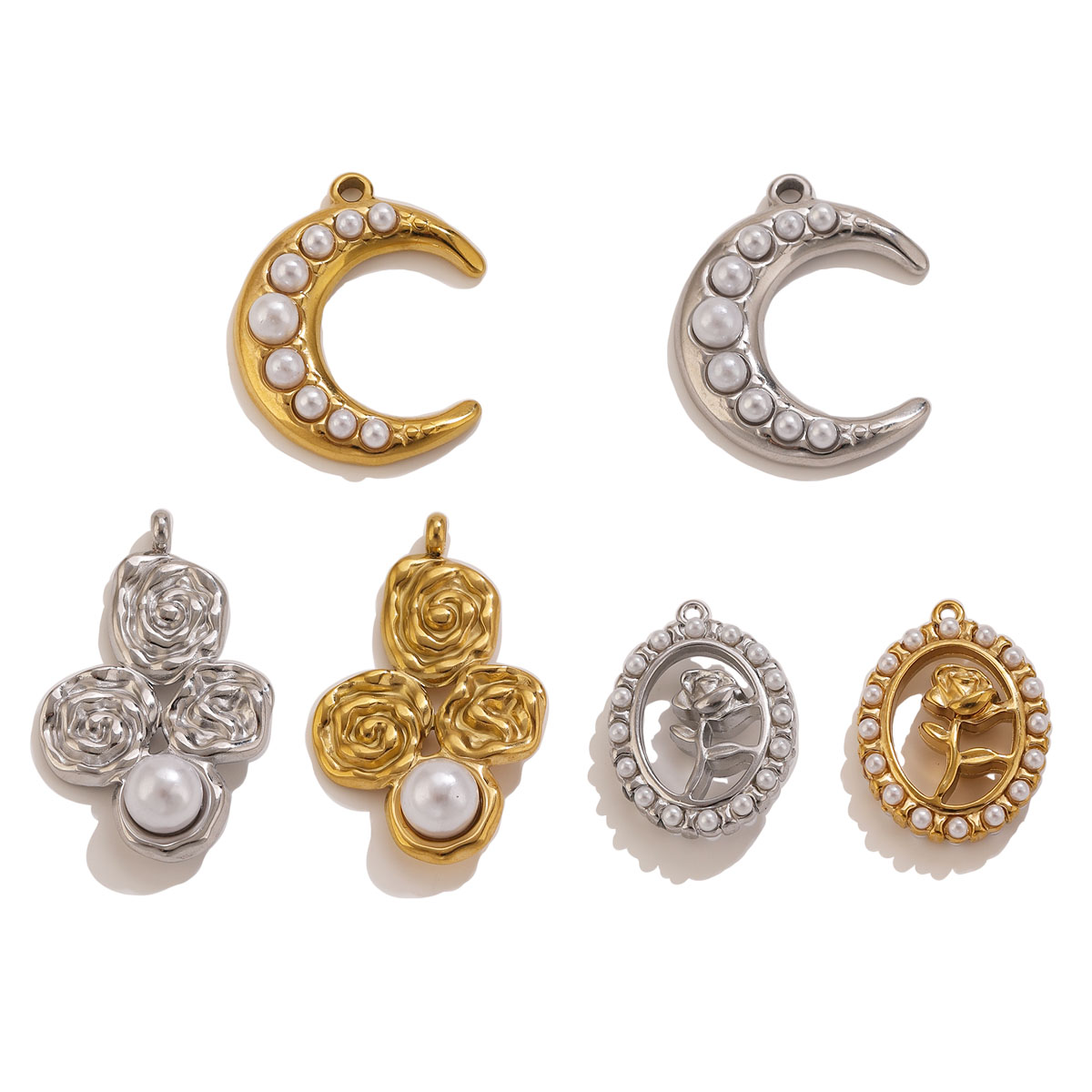 Pearl Stud Earrings - จี้รูปพระจันทร์และดอกกุหลาบประดับมุก 5 ชิ้น ทำจากสแตนเลสสตีล ชุบทอง 18K