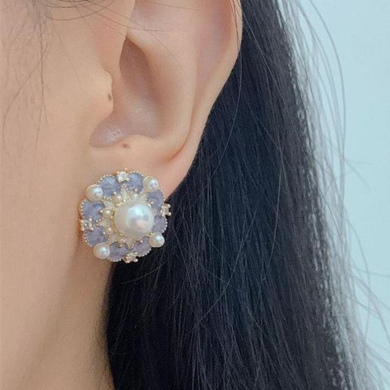 Pearl Stud Earrings - ต่างหูเข็มเงิน925วินเทจสีม่วงน้ำมันหยดสำหรับผู้หญิงเครื่องประดับ2024ต่างหูเม็ดกลมไข่มุกของฝรั่งเศสที่กำลังมาแรง