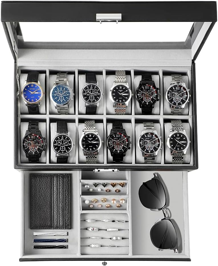 Jewelry Box With Watches - กล่องเก็บนาฬิกาสำหรับผู้ชาย ของขวัญสุดพิเศษ กล่องใส่นาฬิกา 12 ช่อง ฝาปิดกระจก