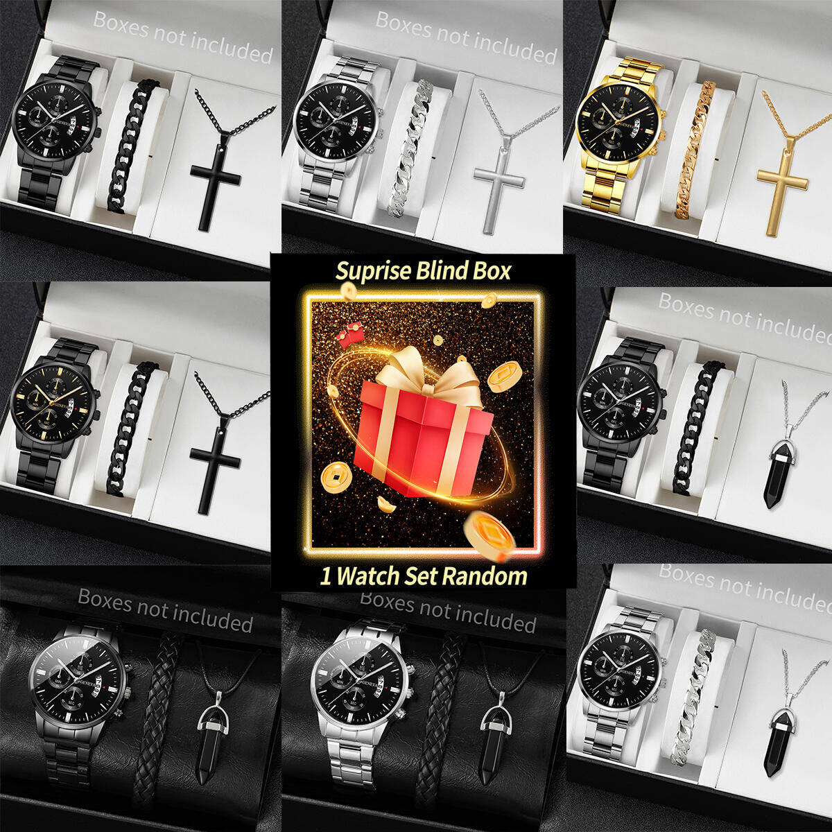 Jewelry Box With Watches - นาฬิกาข้อมือเซอร์ไพรส์แบบสุ่ม-ชุด 3 ชิ้น/ชุด นาฬิกาควอตซ์แฟชั่นผู้ชายพร้อมปฏิทิน ชุดเครื่องประดับ Reloj