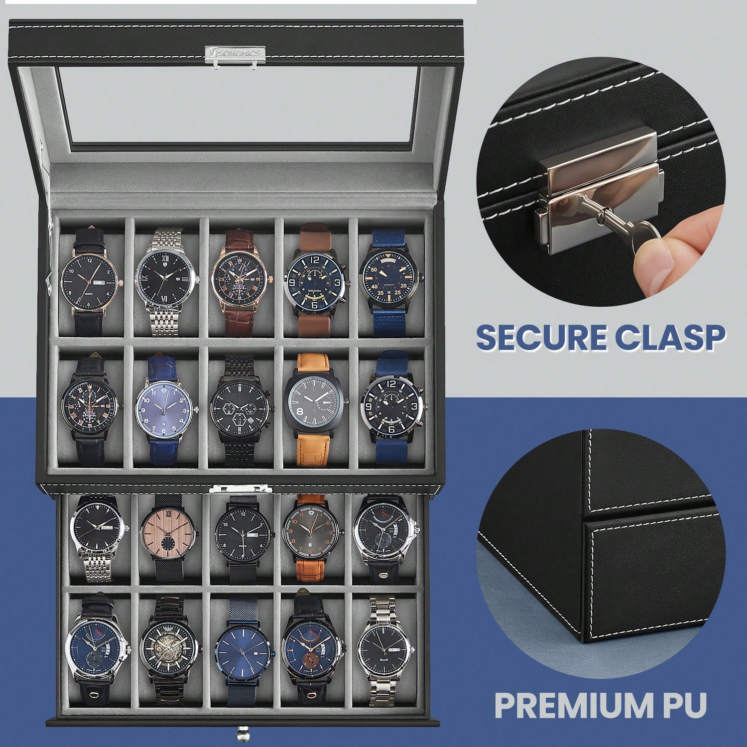 กล่องใส่นาฬิกา 20 ช่อง พร้อมฝา - Jewelry Box With Watches บทวิจารณ์และราคา