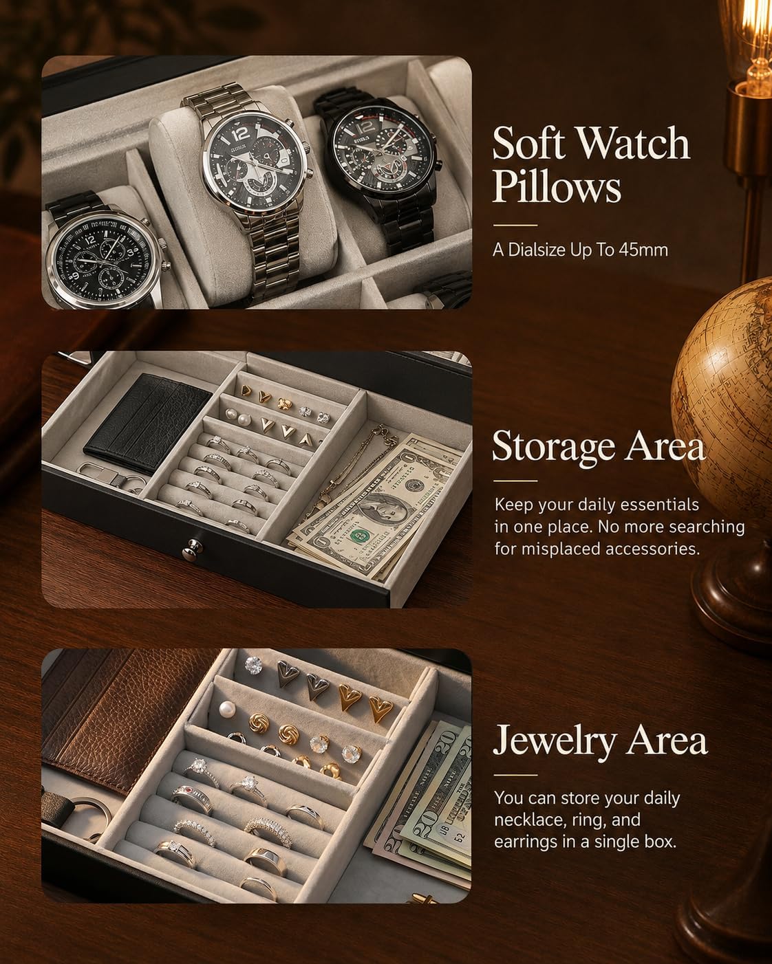 กล่องเก็บนาฬิกาสำหรับผู้ชาย ขอ - Jewelry Box With Watches บทวิจารณ์และราคา
